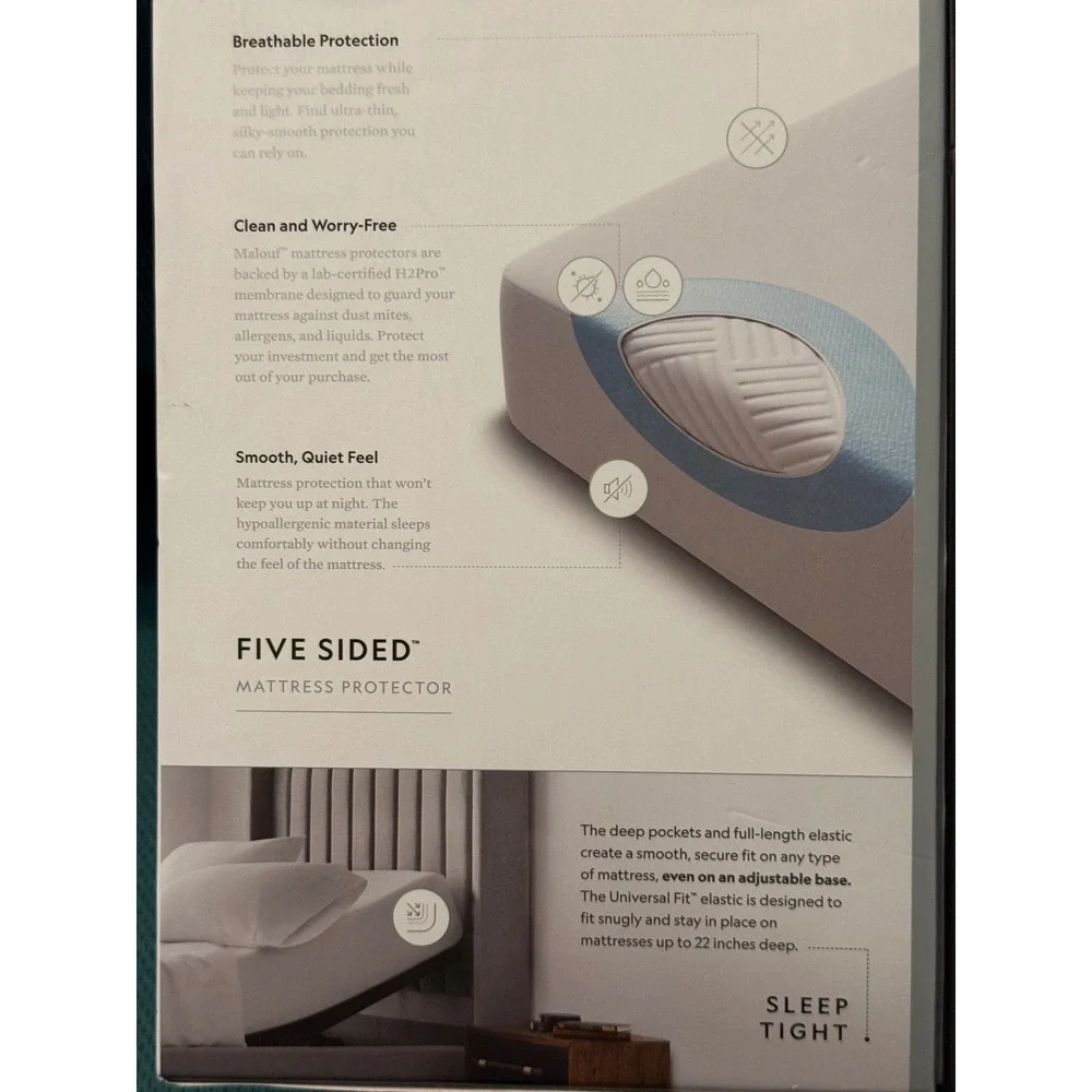 Malouf Five Sided Queen Mattress Protector Waterproof Hypoallergenic Deep Pocket